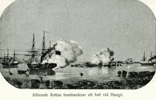 Allierade flottan bombarderar ett fort vid Hangö