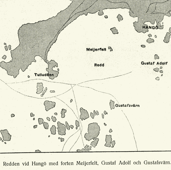 Redden vid Hangö med forten Meijerfelt, Gustaf Adolf och Gusrafsvärn.
