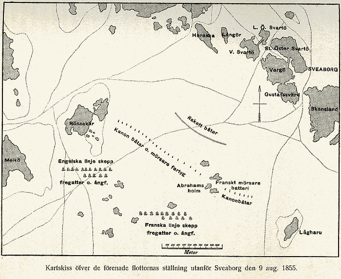 Kartskiss öfver de förenade flottornas ställning utanför Sveaborg den 9 aug. 1855.
