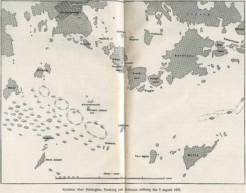 Kartskiss öfver Helsingfors, Sveaborg och flottornas ställning den 8 augusti 1855.